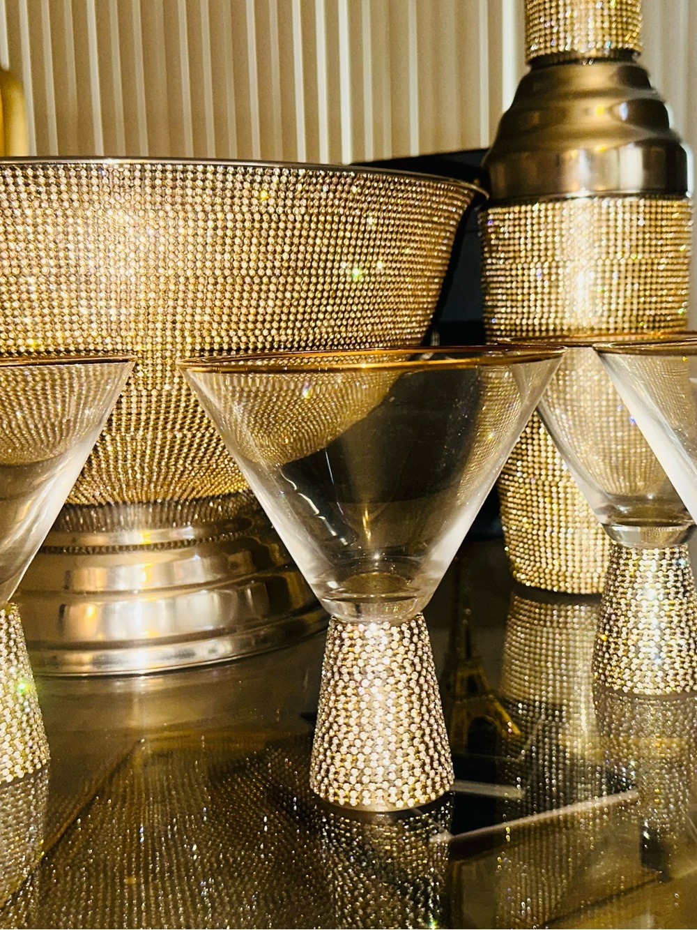 Cocktail party Set! Gold Rhinestone Champagne bucket, 4 Martini Glass & Shaker